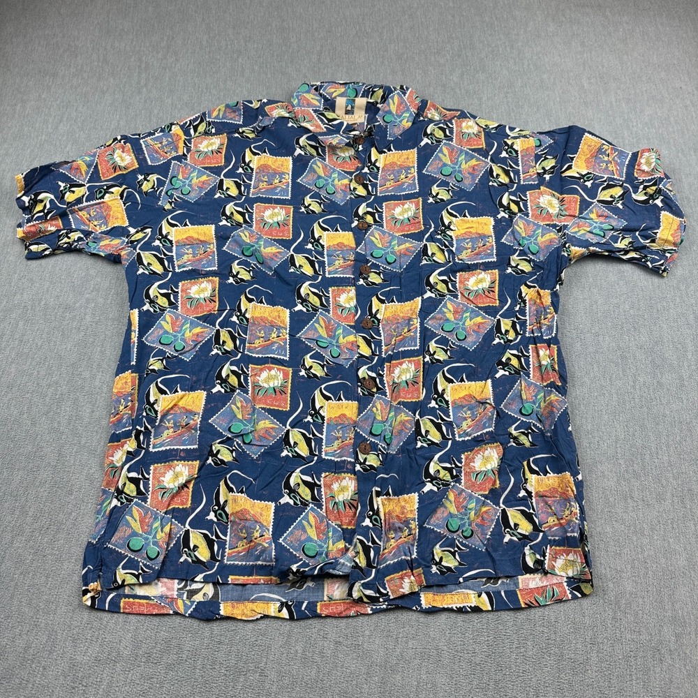 Kahala Shirt Mens XL Blue Green Fish Hawaiian Camp Button Up Rayon Aloha Casual